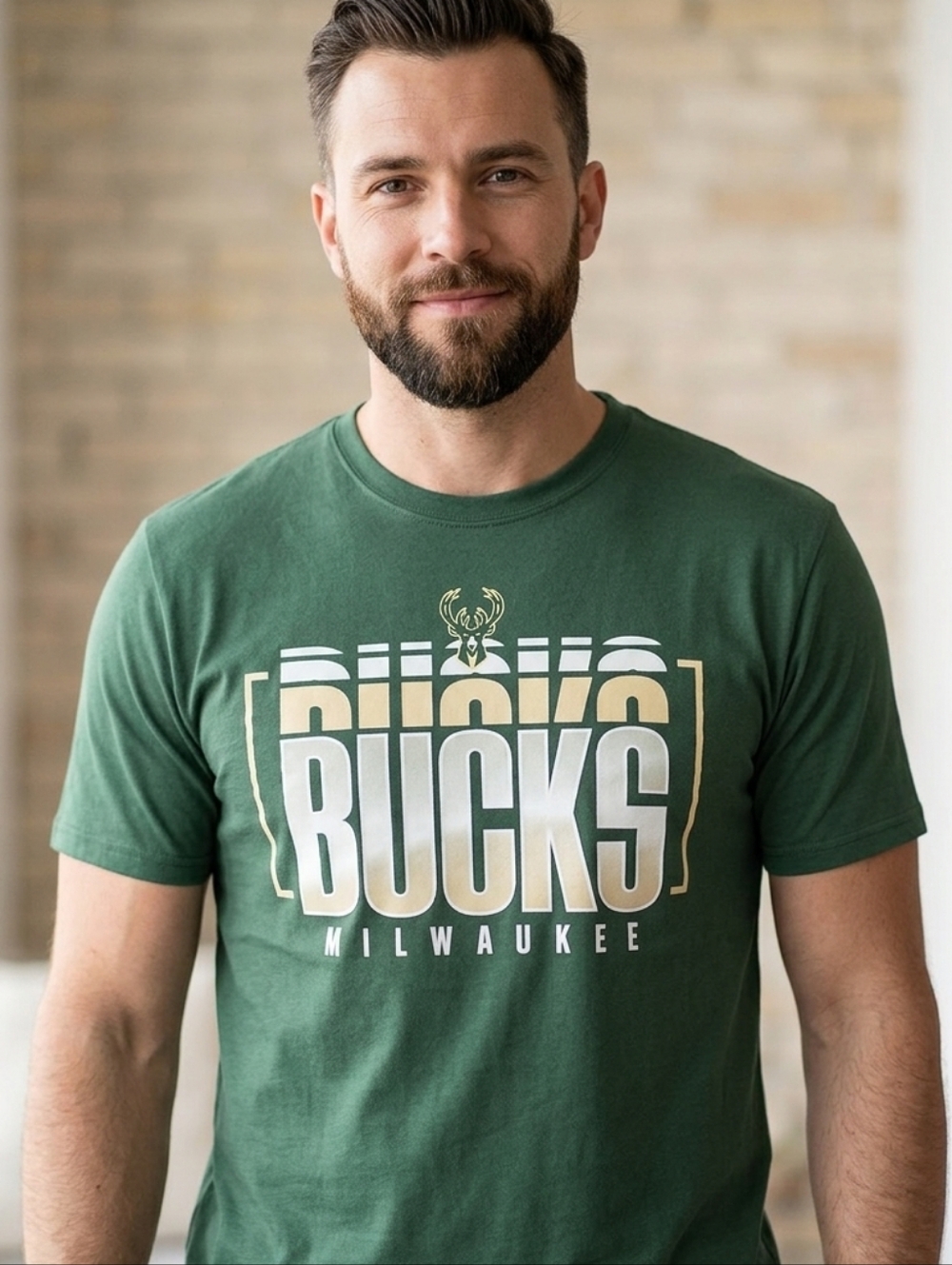 NBA Milwaukee Bucks Green and Cream Logo T-Shirt